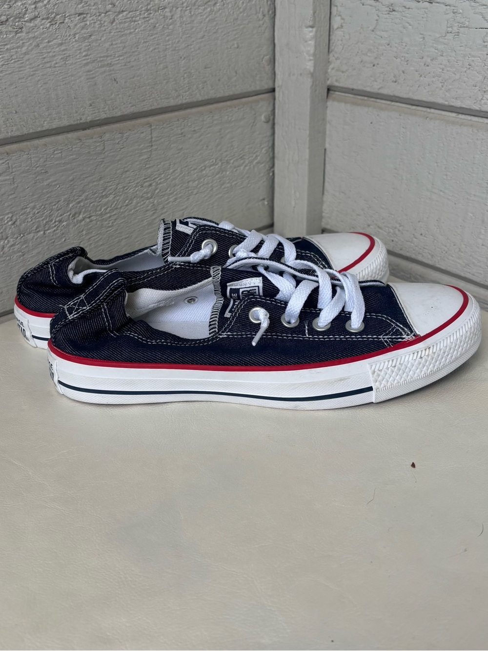 Converse Low-Top Canvas Sneakers in Navy, White and Red Trim